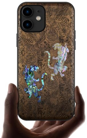 Carveit Étui pour iPhone 11 Coque [Gravure en Bois et Incrustation de Coquille] Cover Compatible avec Apple 11 Luxe et Case Etui Bois (Noyer-Tigre au Milieu des Fleurs)