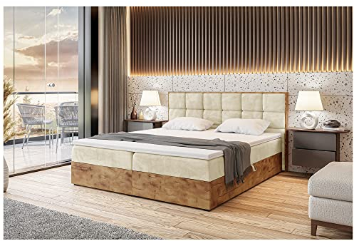 MEBLINI Boxspringbett mit Bettkasten - Gepolstert Doppelbett mit Matratze und Topper - Polsterbett mit Stauraum - Bett mit Kopfteil - Stauraumbett - Lofty 1-180x200 - H3/Beige Samt