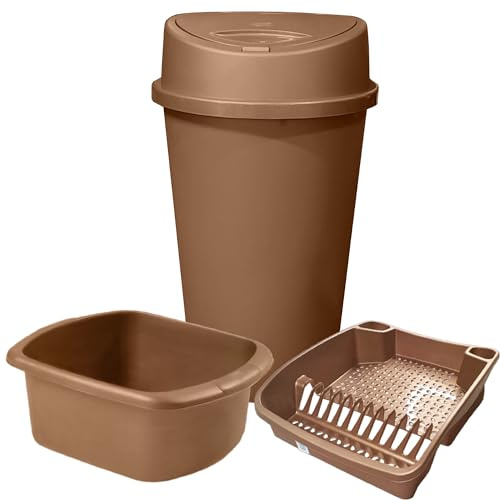 KetoPlastics Rose Gold Kitchen Bin Set - 45L Kitchen Bin 14L Rectangle Washing Up Bowl and Large Dish Drainer