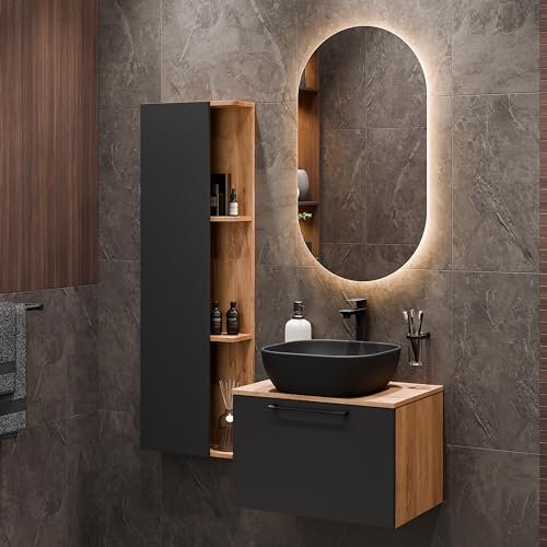 Planetmöbel Astra - Juego de muebles de baño con lavabo (60 cm, 1 armario lateral, roble dorado, antracita, lavabo de 42 cm), color negro
