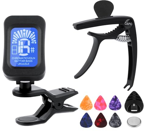 LWMTT Kapodaster für Gitarre, Stimmgerät Gitarre, 6 Stück Plektren Gitarre mit Pick Halter, Zubehör für E-Gitarre, Bassgitarre, Geige, Ukulele, Akustikgitarre