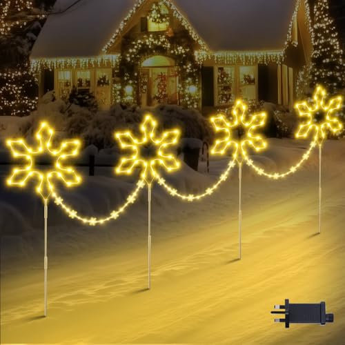 Quntis Christmas Pathway Lights Outdoor Decoration, 90cm 4Pack 176 LED Snowflake Path Lights Warm White & 8 Modes Timer Memory Function, Stake Decor for Garden Yard Lawn