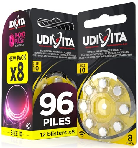 96 Batterien für Hörgeräte Udivita Größe 10 (Gelb) PR70 Zink-Luft mit Phono Pulse-Technologie - 12 Blister mit 8 Batterien
