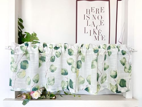 Daliena Scheibengardine Leinenoptik Gardinen mit Blattmuster Halbtransparente Bistrogardine Gardine Store Kurzstore, Fenstergardinen Modern für Kinderzimmer Küche (BxH 100x60cm) Grün 1 stück