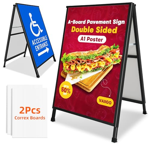 VAIIGO Kundenstopper DIN A1 – Doppelseitiger & Stabiler Plakatständer/Aufsteller für Außen | A-Board Werbeaufsteller, Gehwegaufsteller, Werbetafel & Infoständer aus Metall inkl. Schutzfolie