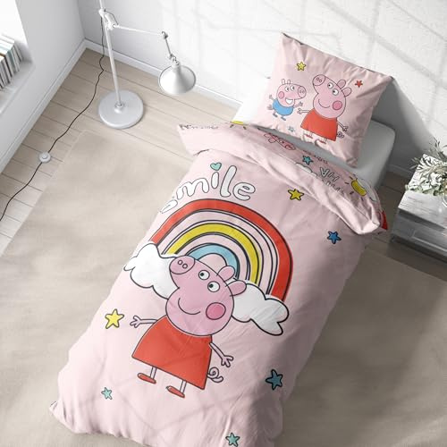 Biancheria da letto per bambini Peppa Pig 135 x 200 cm, per bambine e ragazzi, 1 federa 80 x 80 + copripiumino lettino 135 x 200, idea regalo per ragazza, Peppa Pig & George – Smile Rainbow