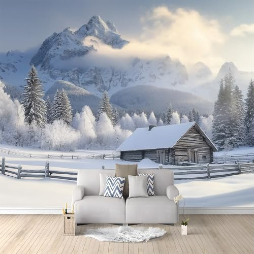 Papier Peint Intissé 3D Cabane Forestière De Montagne Enneigée 400x280 cm Papier Peint Mural Poster Tableaux Muraux Tapisserie Photo, Chambre D'enfants Mural Personnalisé pour Salon Chambre Décor