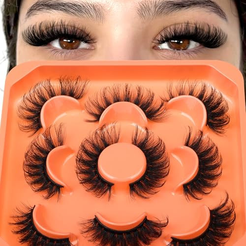 Fluffy Faux Mink Eyelashes Russian Strips Lashes Cat Eye D Curl Fluffy False Eyelashes Thick Volume Lashes 18mm Long 8D Wispy Fake Eyelashes 5 Pairs by Zegaine