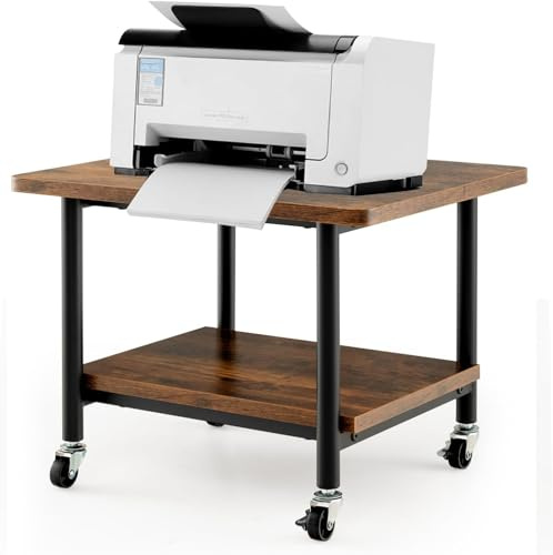 GOPLUS Soporte para Impresora con Ruedas de Bloqueo, Mueble Impresora de Metal con 2 Estantes, Ruedas Giratorias 360°, Carro Multifuncional para Oficina Casa, 49 x 40 x 38 cm (marrón)