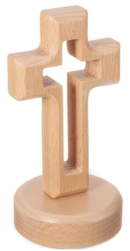 Cabilock Wooden Cross with Base, 4.7 Inch Wood Standing Cross with Hollowed Design, Jesus Catholic Christ Easter Wood Craft for Home and Office Tabletop Decor