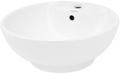 LuxeBath Waschbecken Keramik, rund Ø 455 x 185 mm, Weiß, Aufsatzbecken mit Hahnloch und Überlauf, Aufsatzwaschbecken für Badezimmer/Gäste-WC, Design Waschtisch Waschschale Waschplatz Handwaschbecken