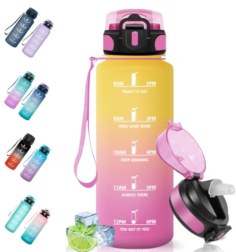 Motswedi Trinkflasche, 1500ml BPA-Frei, Trinkflasche mit Strohhalm, Auslaufsicher, Trinkflaschen Sport, Kohlensäure Geeignet, Wasserflasche für Camping, Yoga, Gym, Schule, Outdoors, Gelb Rosa