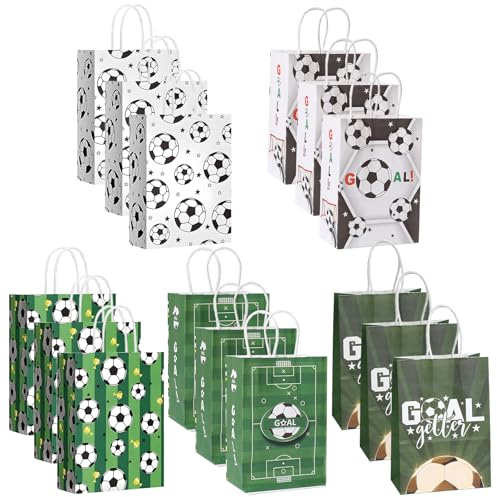 15 Stück Fußball Partytüten, Umweltfreundliche Kraftpapier Geschenktüten mit Griffen, 5 verschiedene Fußball-Muster, Reißfeste Süßigkeitstüten für Kindergeburtstag, Fußballparty und Weihnachten