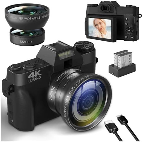 TIEOAXFT Fotocamera Digitale compatta 4K WiFi Webcam Retro Vlog Recorder Videocamera 64MP Schermo orientabile da 3 Pollici Obiettivo grandangolare(R10 Black 32GB)