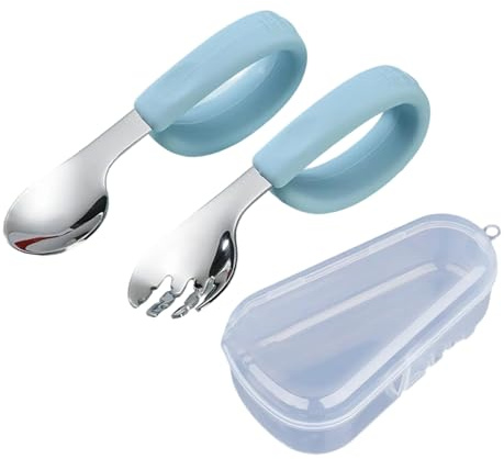 Ensemble cuillère et fourchette pour enfant avec poignée ergonomique en silicone pour encourager à manger indépendamment bébé apprentissage ustensiles avec boîte ergonomique