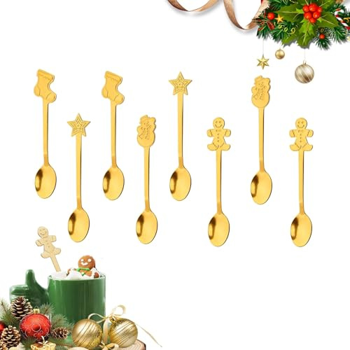 Kleinigkeiten für Adventskalender, panemy Cucharas de Postre, Cucharitas de Cafe, Cubiertos Navidad, Juego de Cubiertos Navidad, Decoracion Mesa Hogar, Para los Amantes del Café (8, JH8)