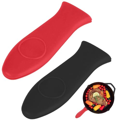 2 Piezas Soporte de Agarre Térmico de Silicona, Abrazadera Agarre Térmico Silicona, Mango Auxiliar para Sartenes, Hornos, Olla, Plancha (Negro y Rojo)