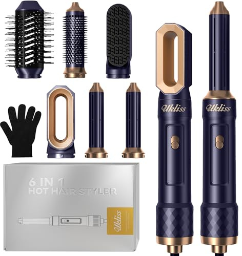 UKLISS Haarstyler 6 in 1, Hairstyler & Haartrockner mit Airflow Lockenbürste Auto, Hair Dryer Brush, Rundbürstenföhn, Warmluftbürste, Haarföhn, Geschenke Set für Frauen Haarstyling - Pro Blau