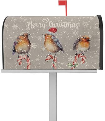 Merry Christmas Mailbox Covers Magnetic Standard Size 21 X 25.5 Inch Robins Stand on Candy Cane Snowflake Grey Decorative Mailbox Cover Post Letter Box Wrap for Garden Yard Home Outdoor Decoration