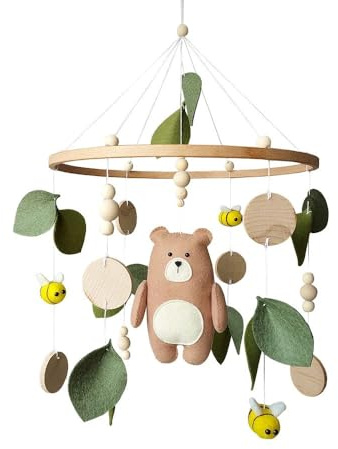 Wald Baby Mobile mit Bär, Bienen & Blättern – Handgemachtes Filz Mobile – Neutrale Babyzimmer Deko – Geschenk zur Geburt oder Babyparty – Woodland Deko für Jungen & Mädchen