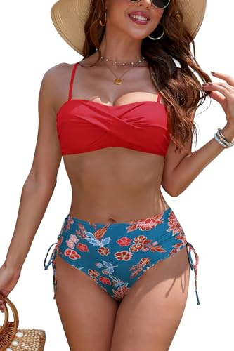 SHEKINI Women's Strapless Bandeau Bikini Set Two Piece Twist Front Swimsuit | Adjustable Drawstrings Bathing Suit, High Waisted Bottom, Padded Top, Removable Strap