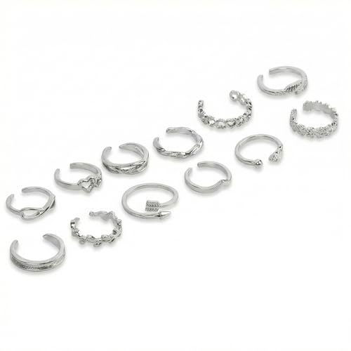 Zirax 12 Pcs Silver Adjustable Rings Set for Women Girls, Alloy Open Toe Rings Stackable Thumb Ring, Heart Flower Leaf Design Party Jewelry Gift