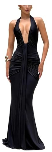 Sexig djup V-ringning draperad rynkad maxiklänning för kvinnor sommar ärmlös halterneck rygglös klänning för klubbfest, elegant, svart, M