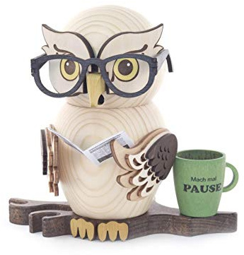 Räucherfigur Eule mit Brille Zeitung und Kaffeetasse Original Erzgebirge Handarbeit Holzfigur Eule in modernem Design Weihnachtsdeko Dekofigur für Weihnachten Sammlerfigur Eule Rauchfigur