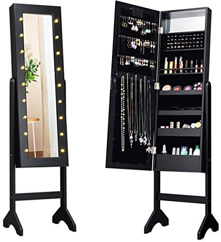 Multigot Jewellery Cabinet, LED Light Jewellery Standing Mirror Lockable Armoire, Adjustable Freestanding Makeup Storage Organizer Unit with Full Length Mirror for Bedroom and Dressing Room (Black)