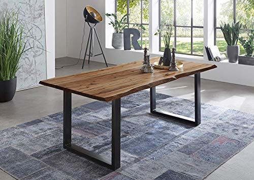 junado Baumkantentisch 160x85 cm Indira, Esszimmertisch aus Akazie, Holz-Tisch mit schwarz lackierten Beinen