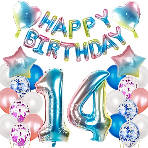 Luftballon 14. Geburtstag Dekoration Set rosa,14 Geburtstag Deko für mädchen Regenbogen,balloon 14.Geburtstagsdeko Folienballon 14 Jahre geburtstag frau Deko Happy Birthday 14th für mädchen（14）
