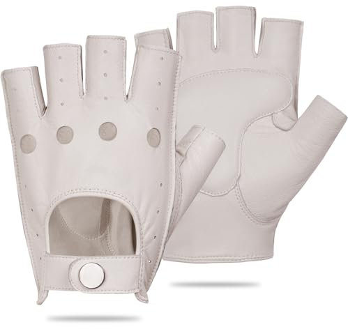 GSG Men's Fingerless Leather Driving Gloves, Padded Palm, lambskin,White