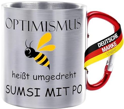 CreaLuxe Edelstahltasse mit Karabiner - Optimismus rückwärts heisst Sumsi mit Po - 330ml, Tasse bedruckt, Kaffeetasse, Bürotasse, Metalltasse