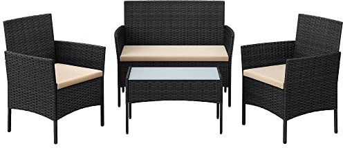Songmics Balkongmöbler, trädgårdsmöbelset, tillverkad av PE-rotting, loungeset, trädgårdsmöbler, utomhus, för terrass, balkong, trädgård, svartbrungrå GGF004B05