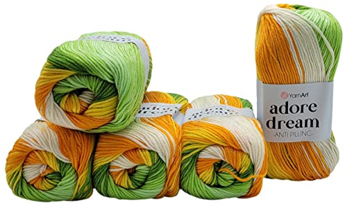 5 x 100 Gramm Ilkadim Export Adore dream antipilling Strickgarn, Wolle mehrfarbig, 500 Gramm Farbverlauf Strickwolle (orange grün gelb weiss 1058)