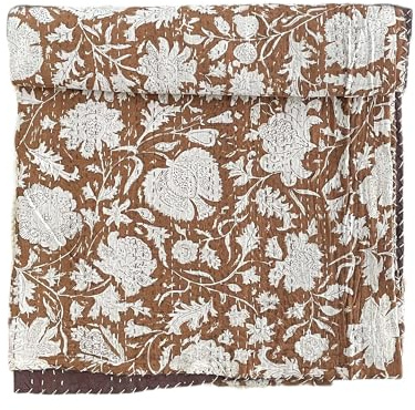 Hippie Floral Handblock Handmade Cotton Kantha Quilting Vintage Dark Brown Throw Blanket (Queen/King Size, 108x108 Inch) with Pillow Cover