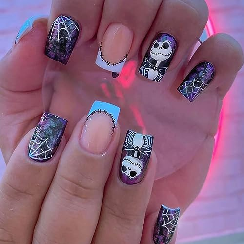Prosy Halloween French 24pcs Medium Square Press on Nails Pink Cute Ghost Designs False Nail Acrylic Nails for Women (D)
