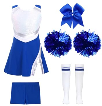 iEFiEL 5tlg. Mädchen Cheer Leader Kostüm Glitzer Minikleid mit Shorts Pompoms Schleife Socken Kinder Cheerleading Uniform Sets für Karneval Fasching Halloween Königsblau 134-140