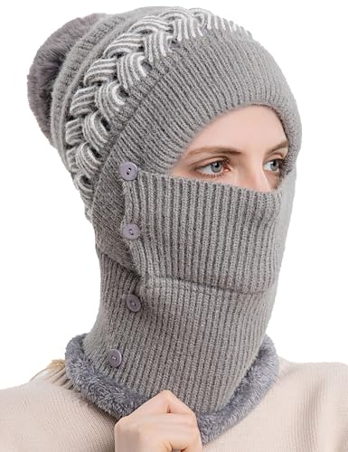 FEOYA 2 in 1 Damen Mütze Winter Mütze Damen Kapuze Winter Strick Halswärmer Windstopper Hut Balaclava