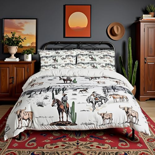 Western Cowboy Duvet Cover Set Full Size,Vintage Southwest Style Comforter Cover Desert Cactus Cow Horse Animals Bedding Set for Kids Boys Girls Adult Room Decor,Grey Brown White Quilt Cover 3Pcs