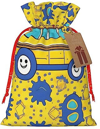 ZISHAK Schulbus-Druck, zarte Jute, Kordelzug-Geschenktasche, handwerkliche Stoff-Geschenktüte, perfekt für Weihnachten