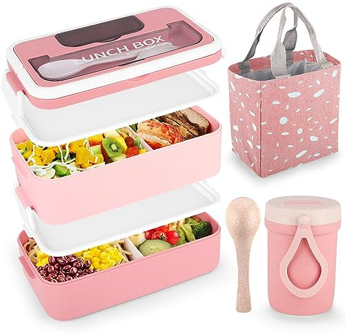VEIOK Bento Lunch Box Adult 1600ml Lunchbox Stackable with Compartments and Bag (Pink)