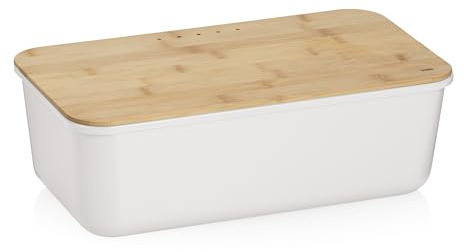 kela Boîte à pain blanche avec trous d'aération 38x21x12,5cm, couvercle en bambou FSC servant de planche à découper, boîte à pain en plastique, APART, boîte de conservation du pain