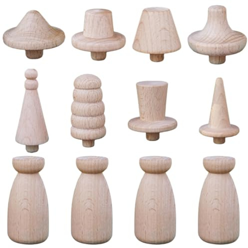 SEWACC Unbemalte Peg-Puppen Aus Holz 4 Steckpuppen Mit 8 Wechselbaren Hüten Unvollendete Holzpflockpuppen Zum Selbermachen Für Malen Basteln Diy-Kunsthandwerk Und Familienaktivitäten