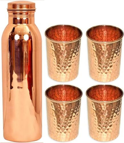 BishtHub Set di 1 bottiglia di rame e 4 bicchieri misti in rame, utensili da cucina, per conservare acqua potabile (bottiglia da 1000 ml + vetro da 300 ml), COPPER_BOTTLE_GLASS_05