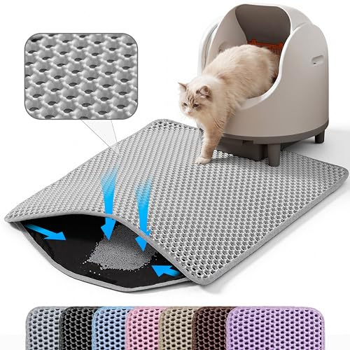 Petinstinct Tapis pour Litière de Chat Extra Large, 75x55cm Double Couche en Nid d’Abeille pour Piéger la Litière, Tapis de Bac à Litière pour Chat Antidérapant Imperméable et Anti-Urine, XL, Gris