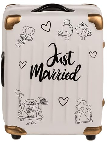 Spardose Just Married als Gepäckstück, Keramik – Trolley, 11 x 15,5 x 6 cm | Hochzeitsgeschenk – Mitnehmen in die Flitterwochen – Sammelbox für Geld zur Vermählung – weiß, gold, schwarz – Seaside No.64