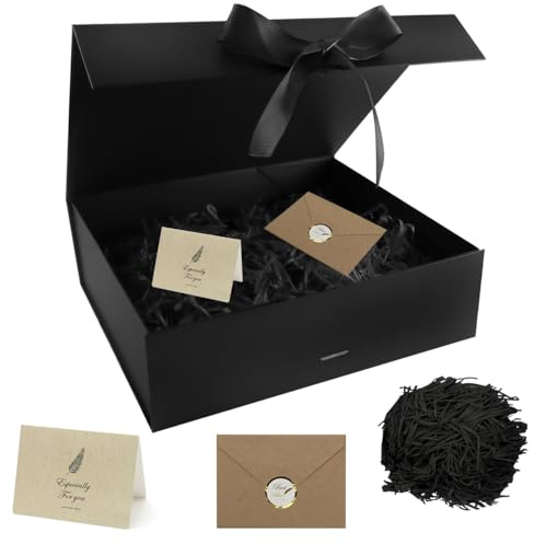 GOIYZTTR Caja Regalo Magnetica con Tapa 30 * 24 * 10cm Negro Caja de Regalo Plegable con Cinta Viene con Tarjeta de Felicitación y Rafia,Reutilizable Adecuada para Envolver Regalos