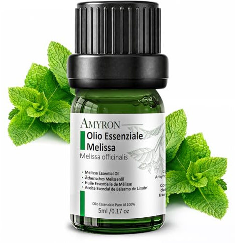 Olio Essenziale di Melissa 5ml AMYRON | Melissa Officinale | Naturale E Puro Al 100% | Ideale Per Diffusore Oli essenziali | Massaggi Aromatici | Uso Alimentare Tisane | Senza OGM.