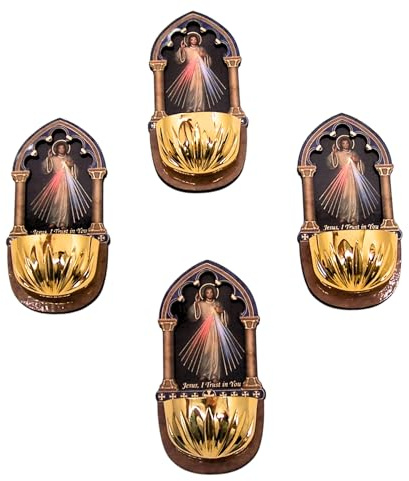 Divine Mercy Gold Toned Lasered Wood Holy Water Font, Religious Home & Office Decor, Religious Gift, Pack of 4, 5 Inches